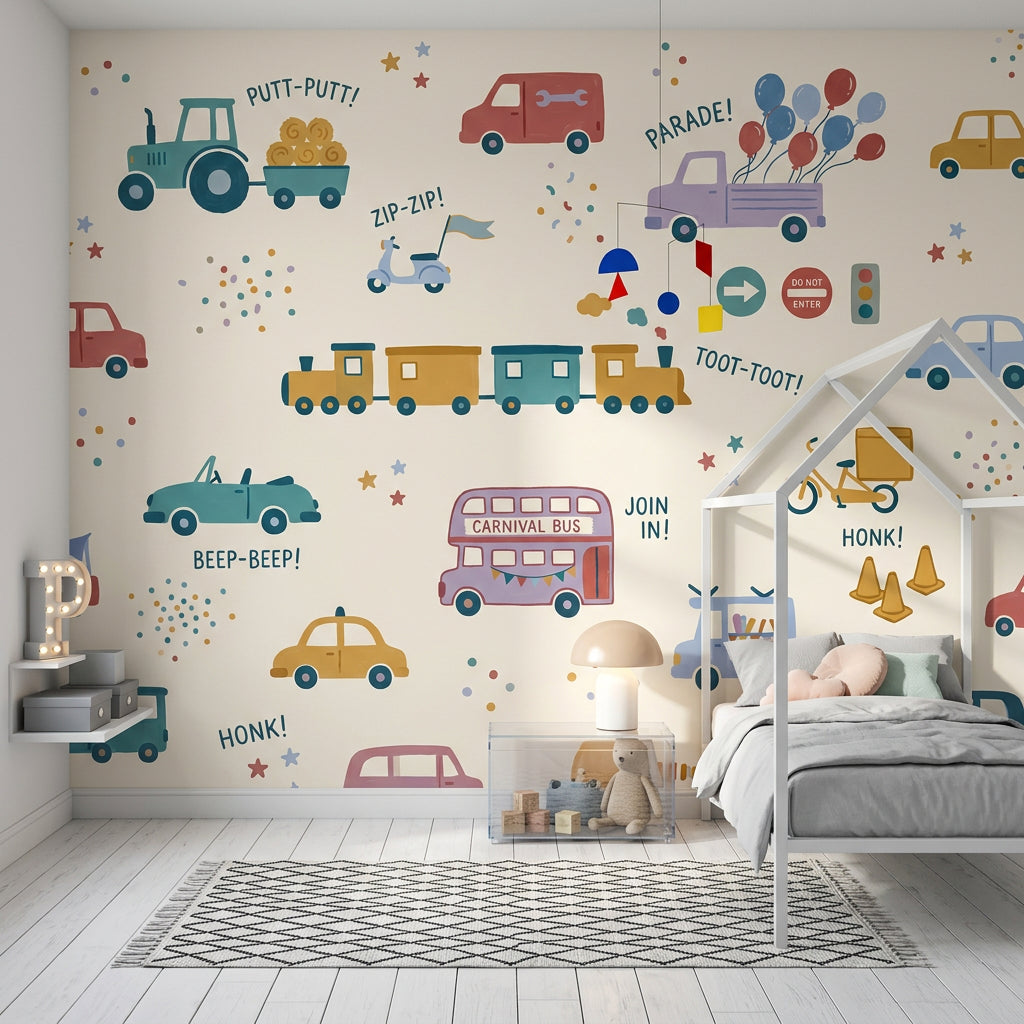 Kids Vehicles Wallpaper Transportation Parade Removable Wall Decor