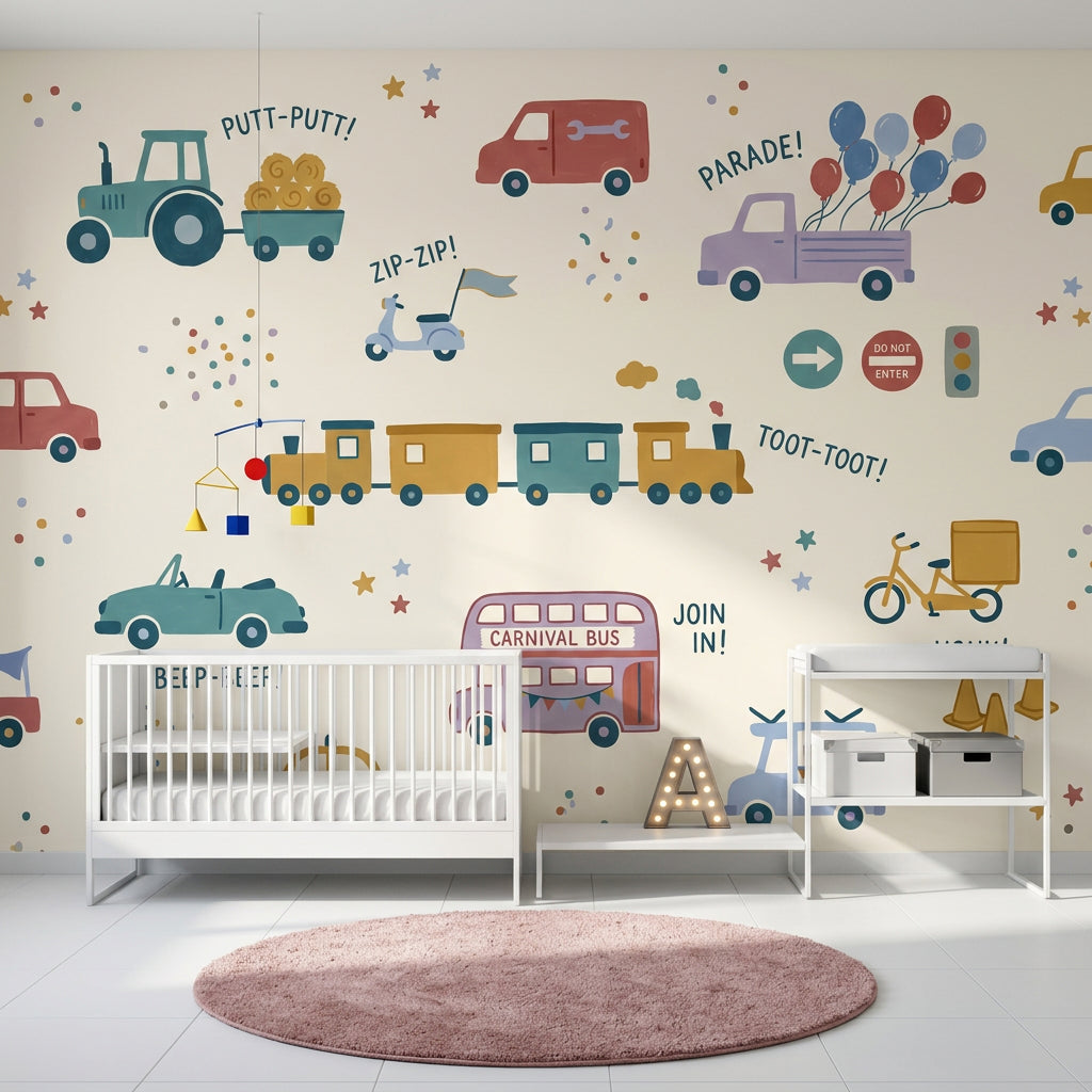 Kids Vehicles Wallpaper Transportation Parade Removable Wall Decor