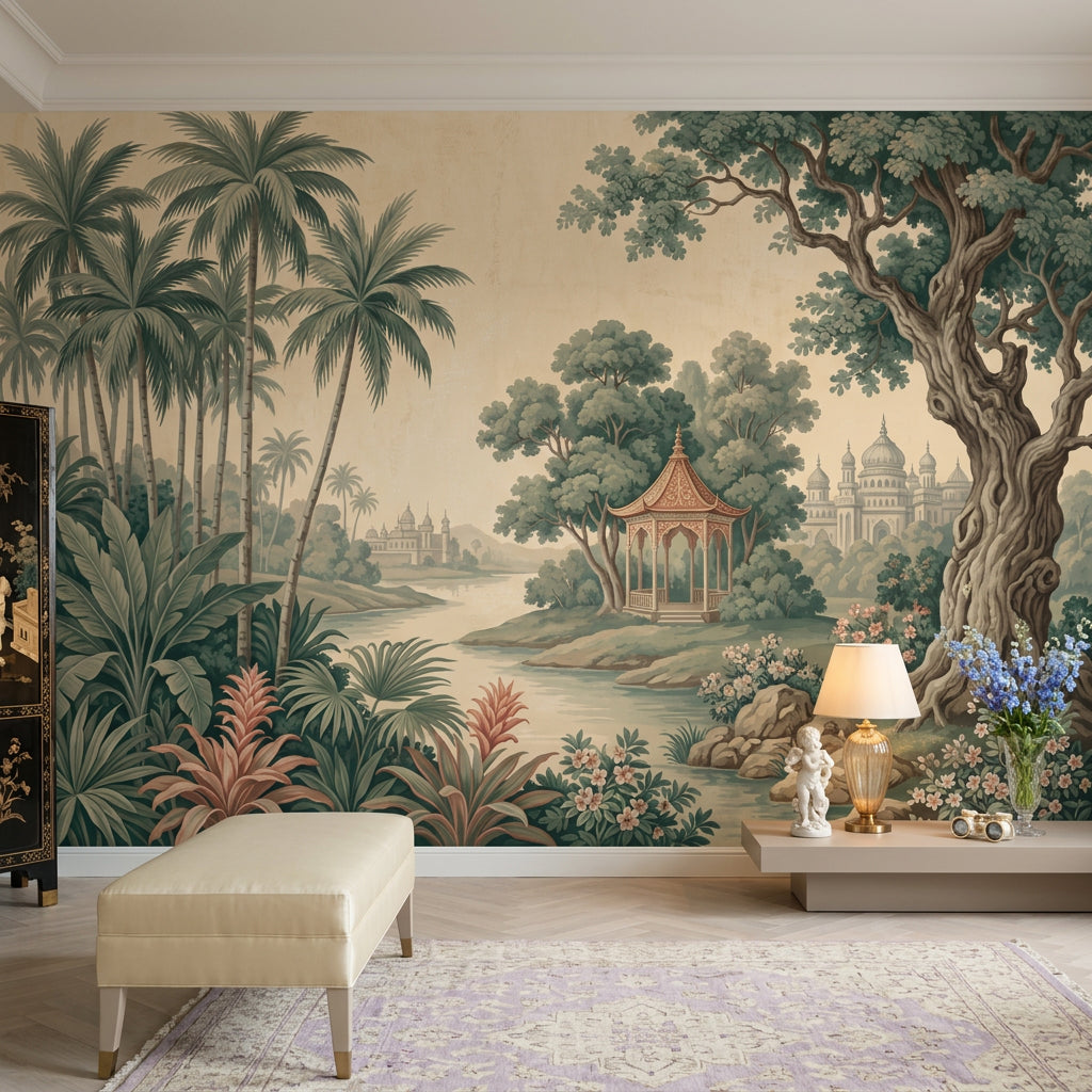 Tropical Landscape Wallpaper Palm Trees Removable River Scene Wall Decor