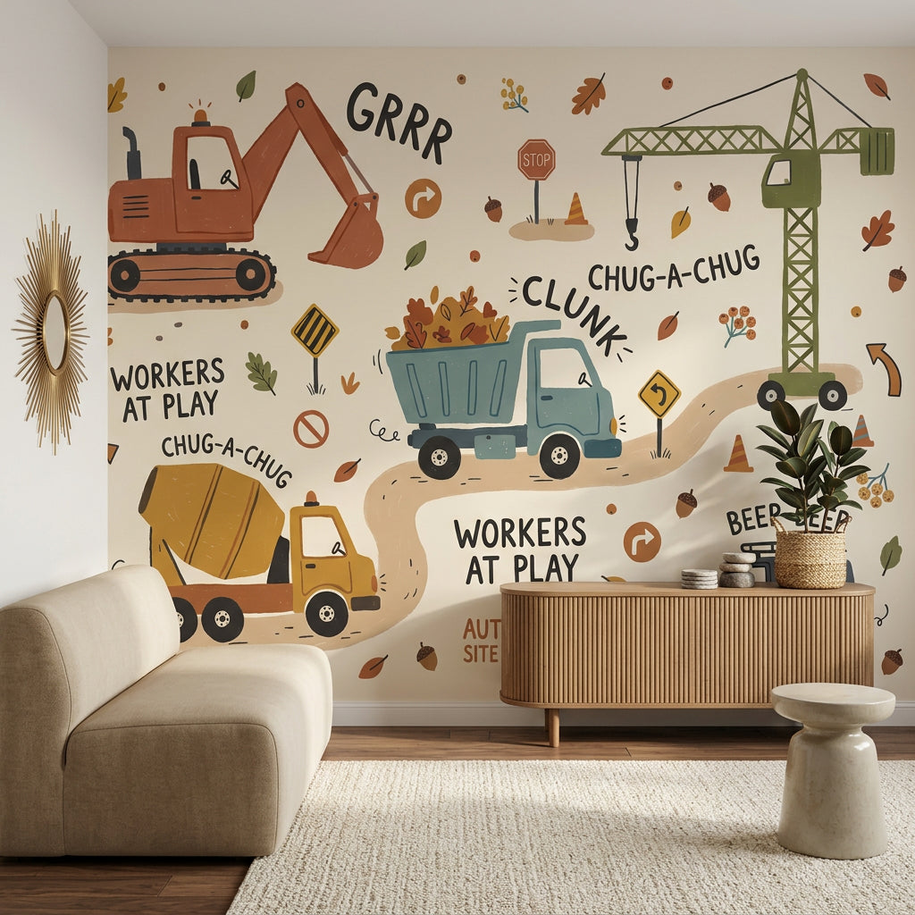 Construction Vehicles Wallpaper Autumn Removable Kids Wallpaper Wall Decor