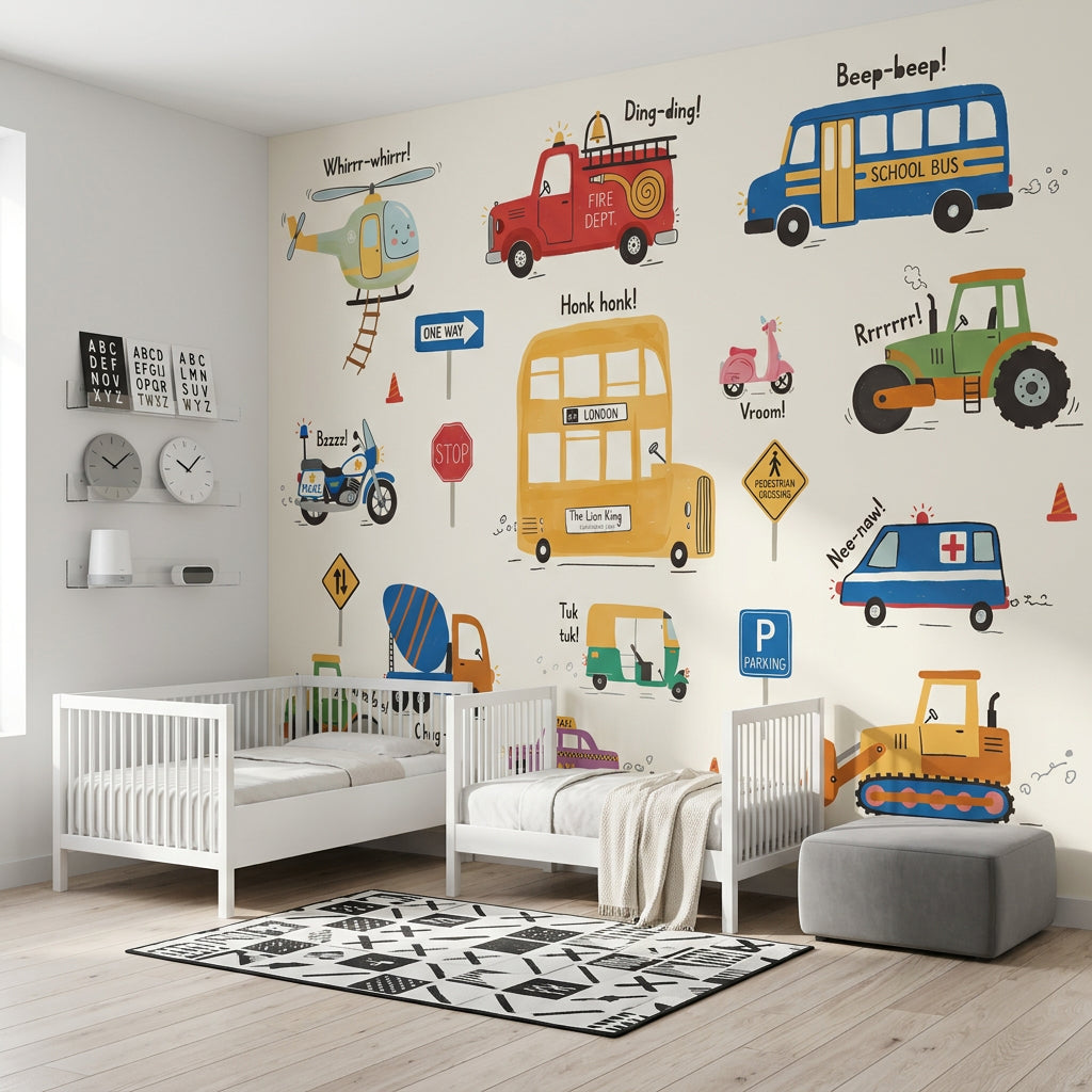 Kids Vehicles Wallpaper Transportation Cartoon Removable Wall Decor