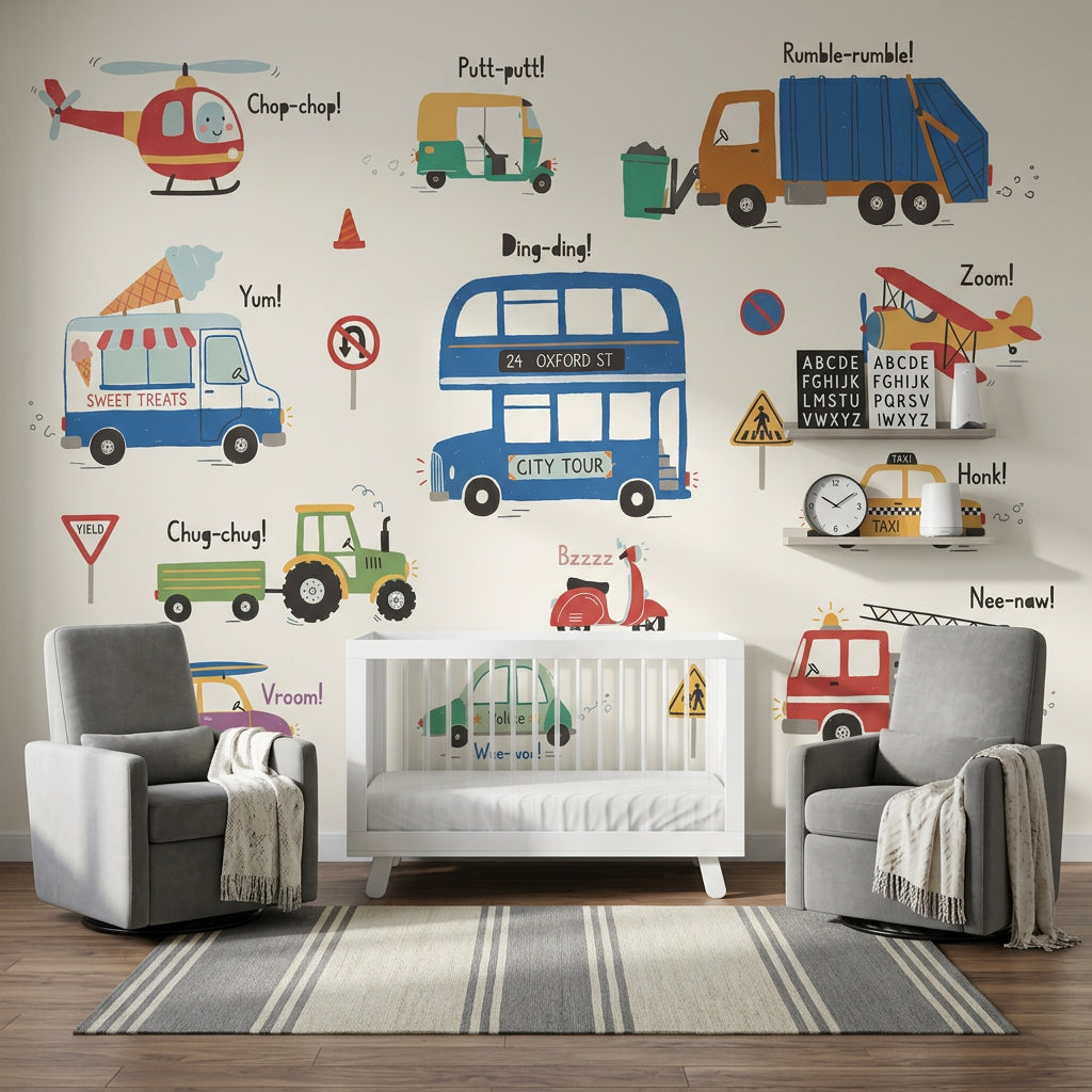 Kids Transportation Wallpaper Vehicles Removable Cartoon Illustration Wall Decor