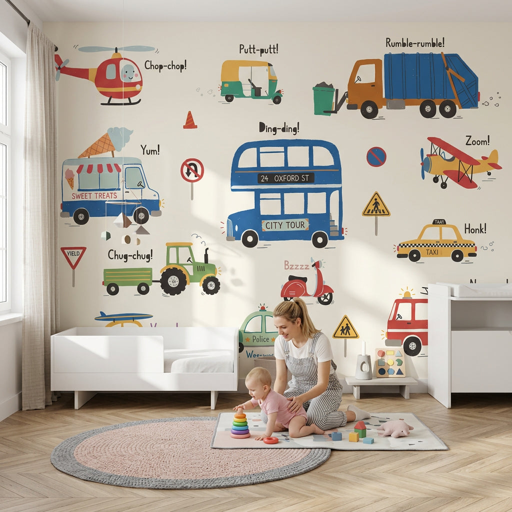 Kids Transportation Wallpaper Vehicles Removable Cartoon Illustration Wall Decor