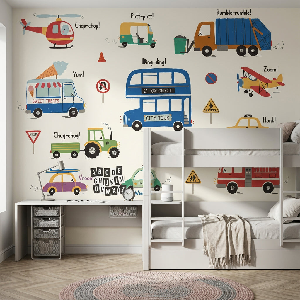 Kids Transportation Wallpaper Vehicles Removable Cartoon Illustration Wall Decor
