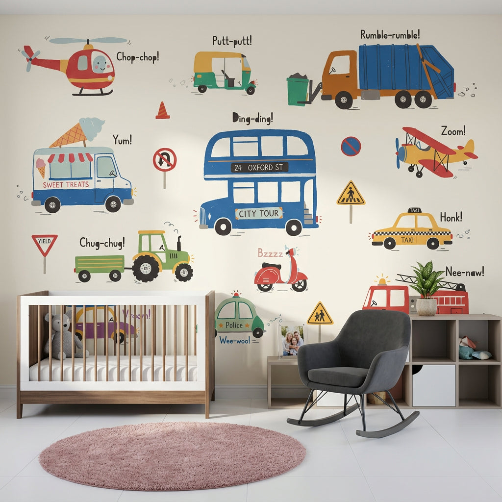 Kids Transportation Wallpaper Vehicles Removable Cartoon Illustration Wall Decor