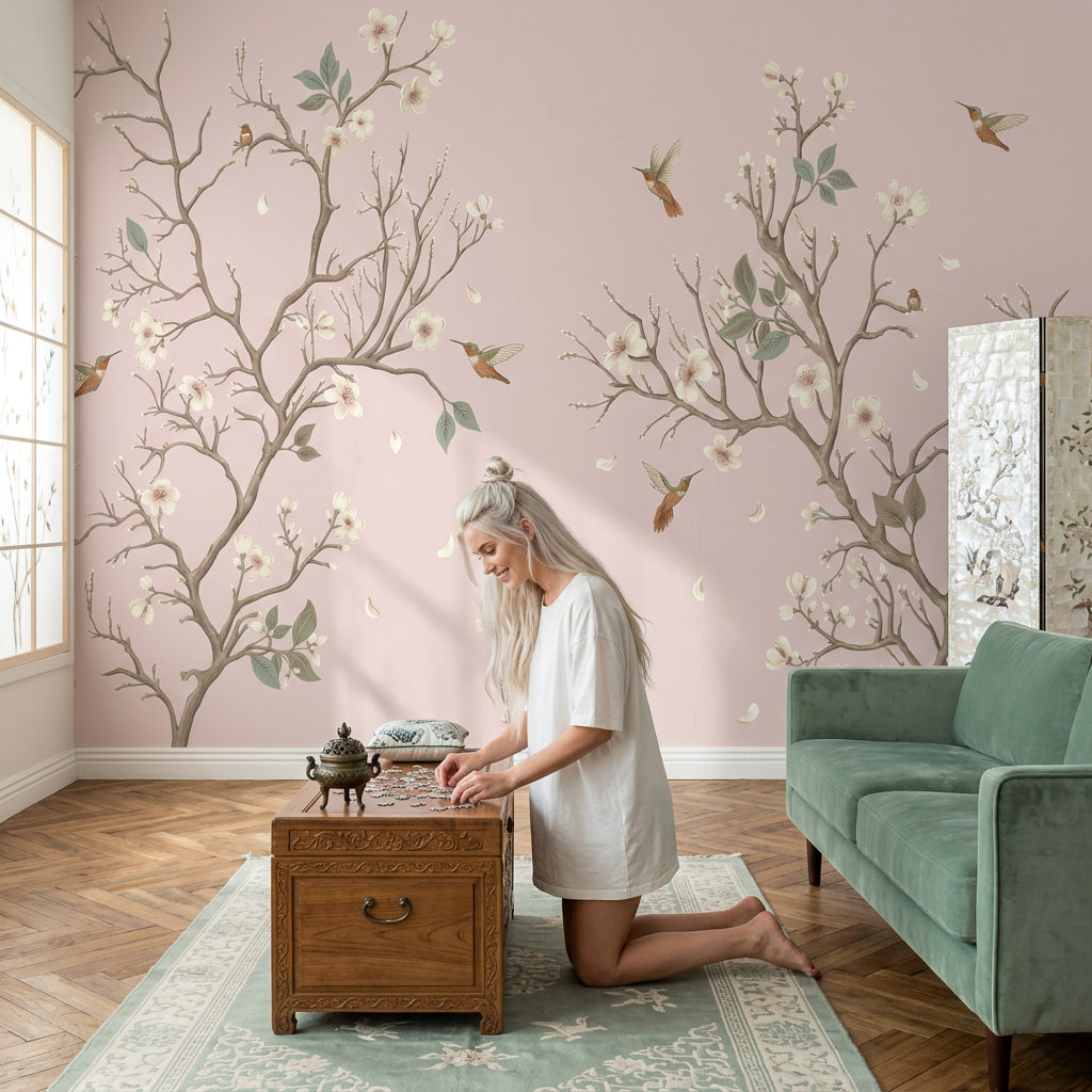Floral Branches Wallpaper Cherry Blossoms Hummingbirds Removable Wall Decor