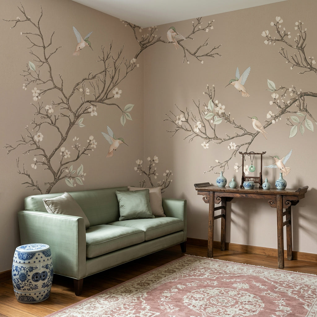Muted Green Wallpaper Botanical Removable Bird Wall Decor