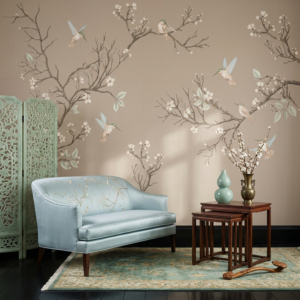 Muted Green Wallpaper Botanical Removable Bird Wall Decor