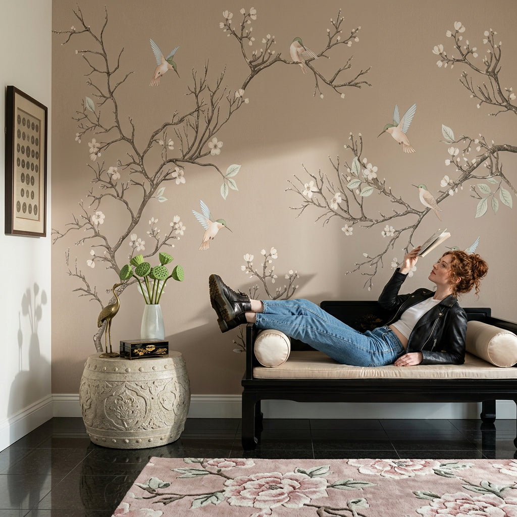 Muted Green Wallpaper Botanical Removable Bird Wall Decor