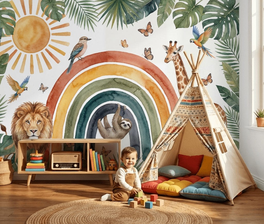 Safari Animals Wallpaper Tropical Rainbow Arch Removable Wall Decor