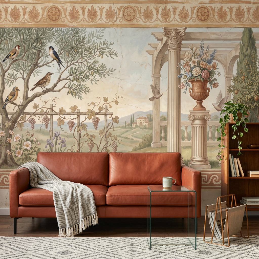 Mediterranean Landscape Wallpaper Classical Fresco Greek Key Border Removable Wall Decor