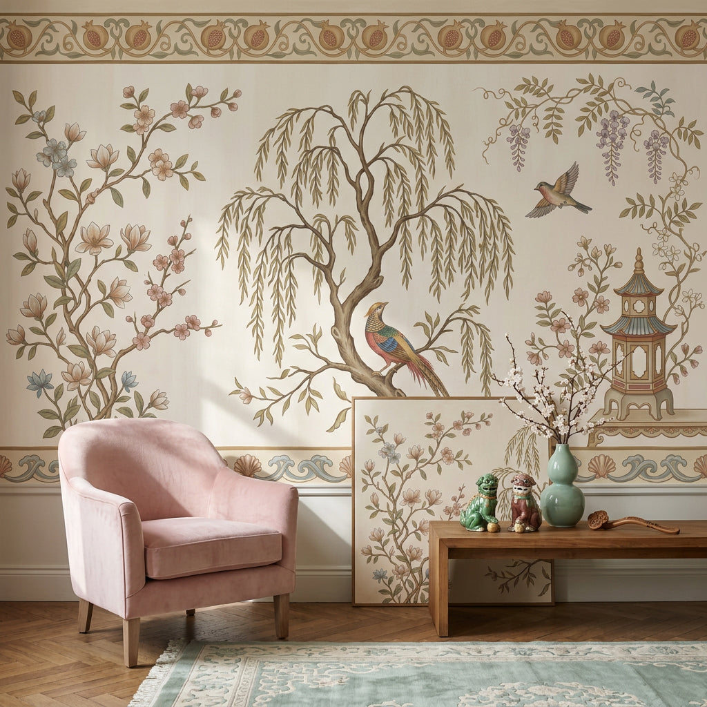 Muted Green Wallpaper Sage Chinoiserie Wall Mural