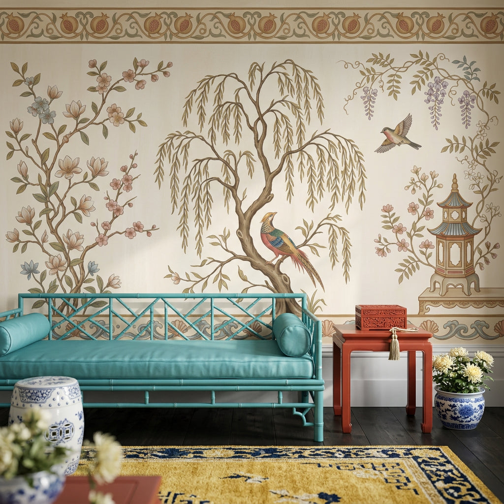 Muted Green Wallpaper Sage Chinoiserie Wall Mural