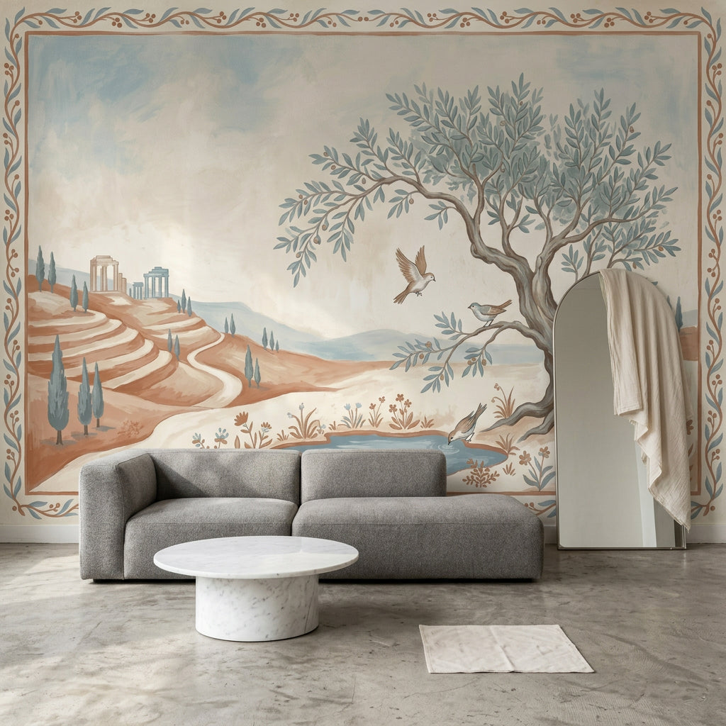 Mediterranean Landscape Wallpaper Tuscan Countryside Removable Olive Tree Wall Decor