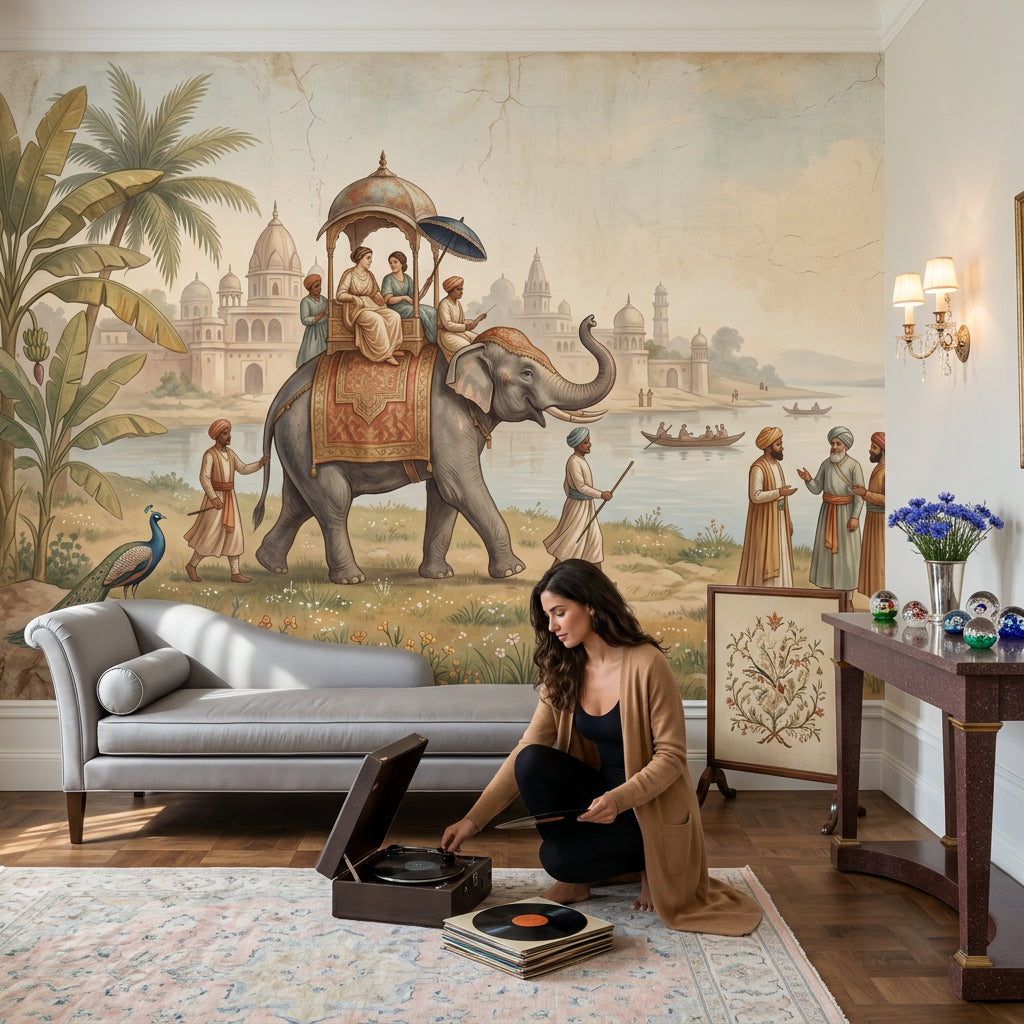 Indian River Landscape Wallpaper Decorated Elephant Mughal Palace Domes Removable Wall Decor