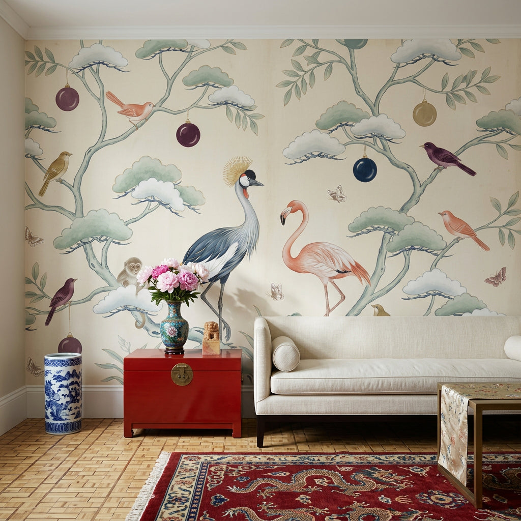 Chinoiserie Wallpaper Cream Background Removable Birds Wall Decor