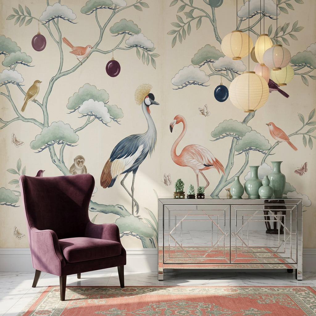 Chinoiserie Wallpaper Cream Background Removable Birds Wall Decor