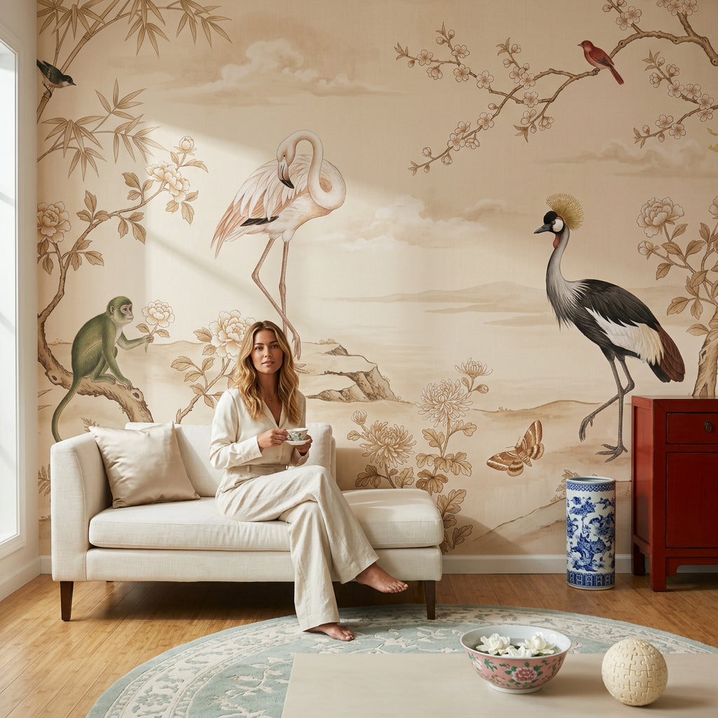 Landscape Mural Wallpaper Bamboo Flamingo Removable Wall Decor