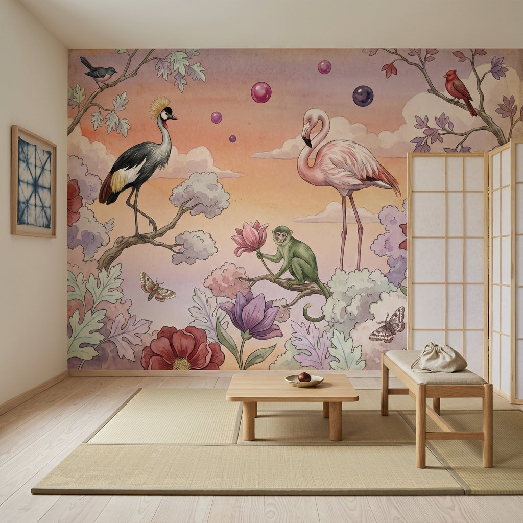 Surreal Garden Wallpaper Flamingo Watercolor Illustration Wall Mural