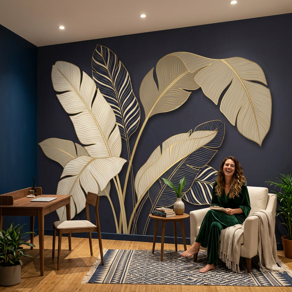 Botanical Mural Wallpaper Dark Navy Background Removable Tropical Leaves Wall Decor