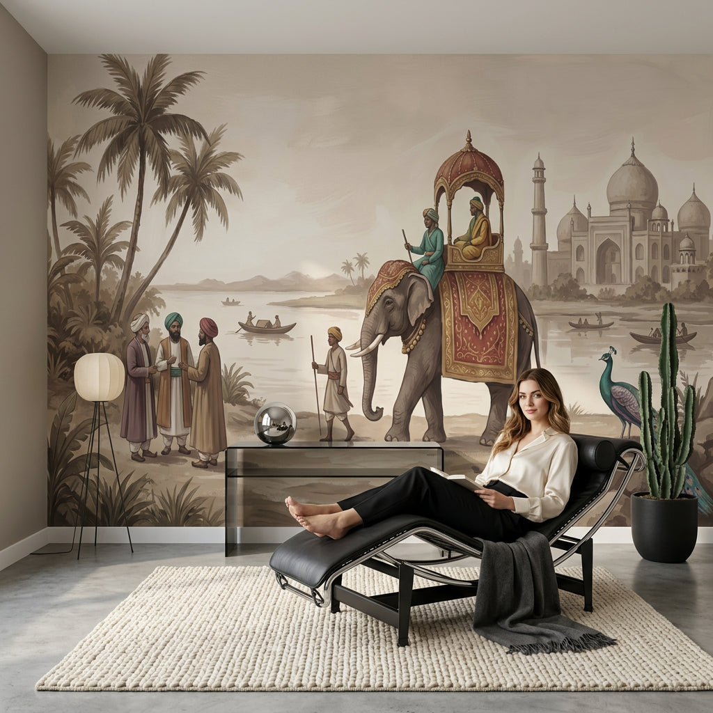 Indian Landscape Wallpaper Taj Mahal Decorated Elephant Removable Wall Decor