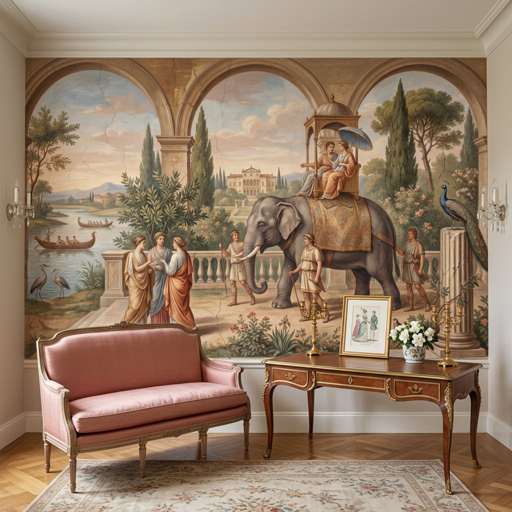 Classical Landscape Mural Wallpaper Ancient Roman Garden Elephant Procession Removable Wall Decor