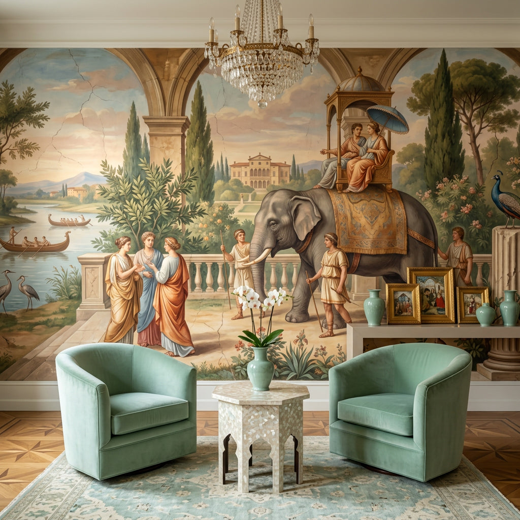 Classical Landscape Mural Wallpaper Ancient Roman Garden Elephant Procession Removable Wall Decor