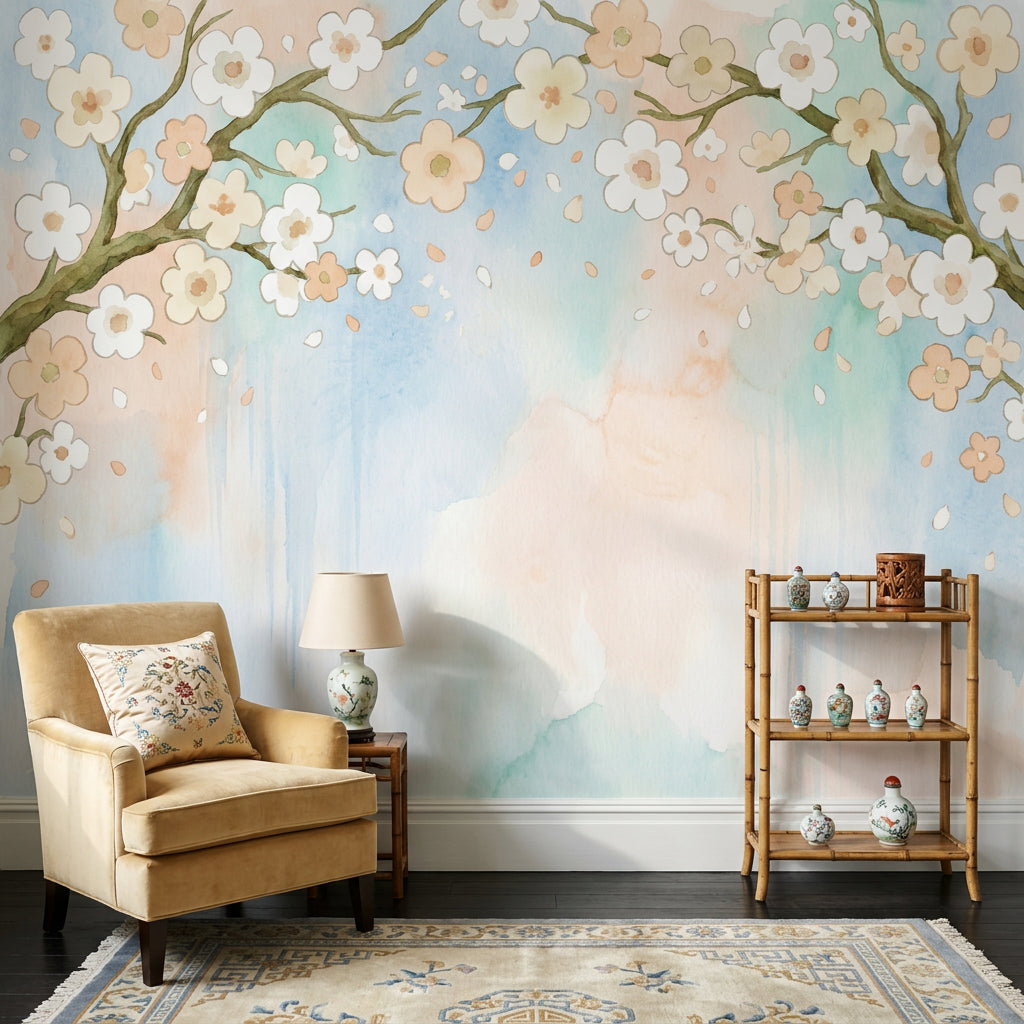 Cherry Blossom Wallpaper Watercolor Floral Branches Wall Mural