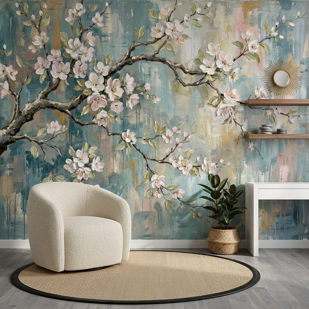 Cherry Blossom Wallpaper Floral Branch Hand Painted Removable Wall Decor