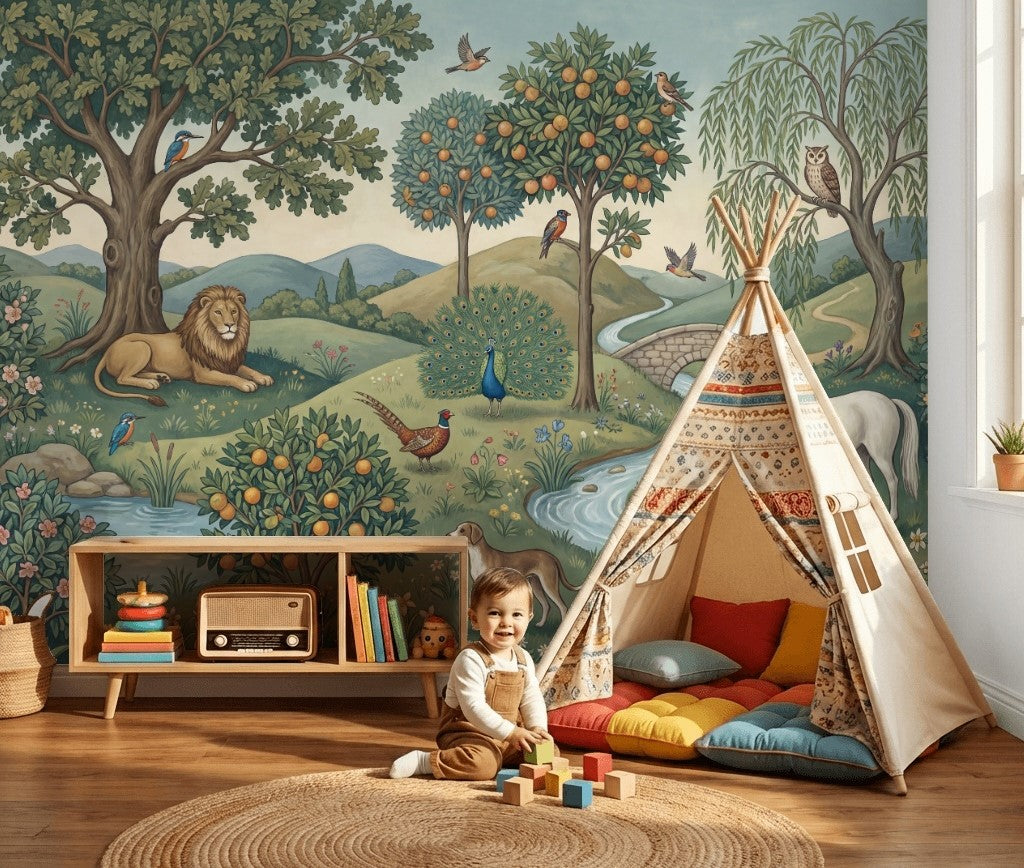 Pastoral Landscape Wallpaper Storybook Illustration Green Countryside Wall Mural