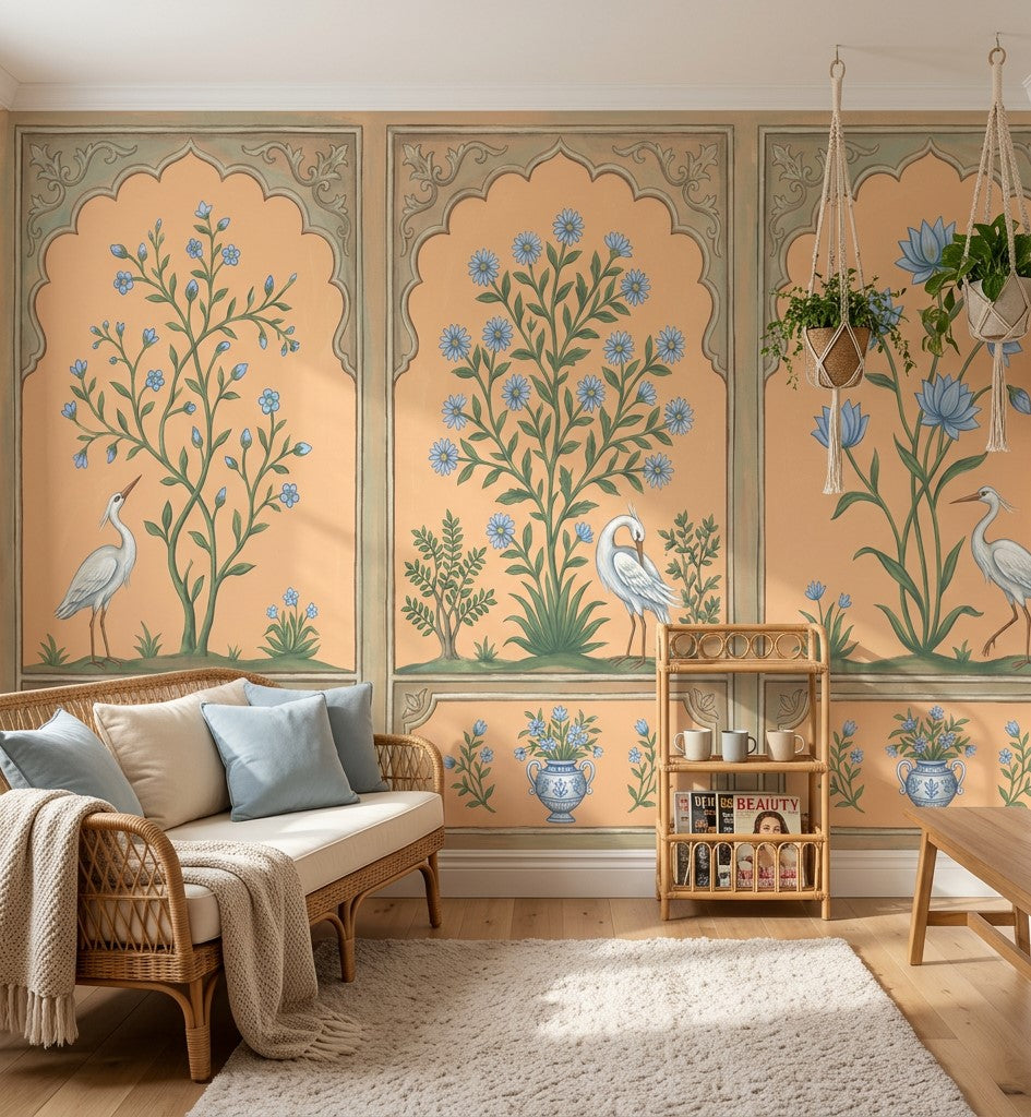 Floral Panels Wallpaper Toile Style Removable White Heron Egret Wall Decor