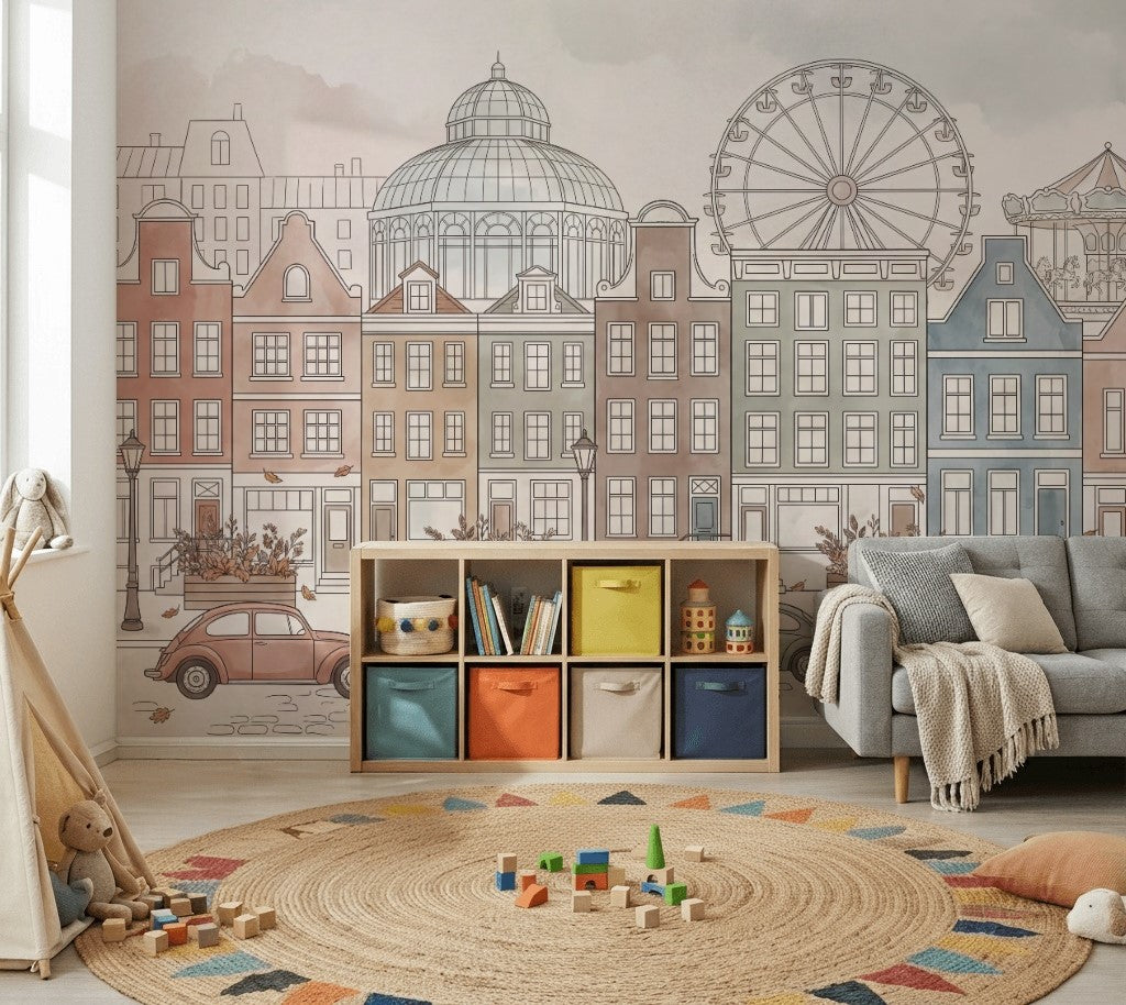 European Cityscape Wallpaper Canal Houses Ferris Wheel Wall Mural