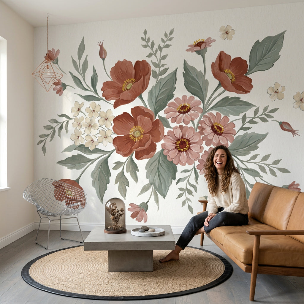 White Background Wallpaper Botanical Watercolor Removable Wall Decor