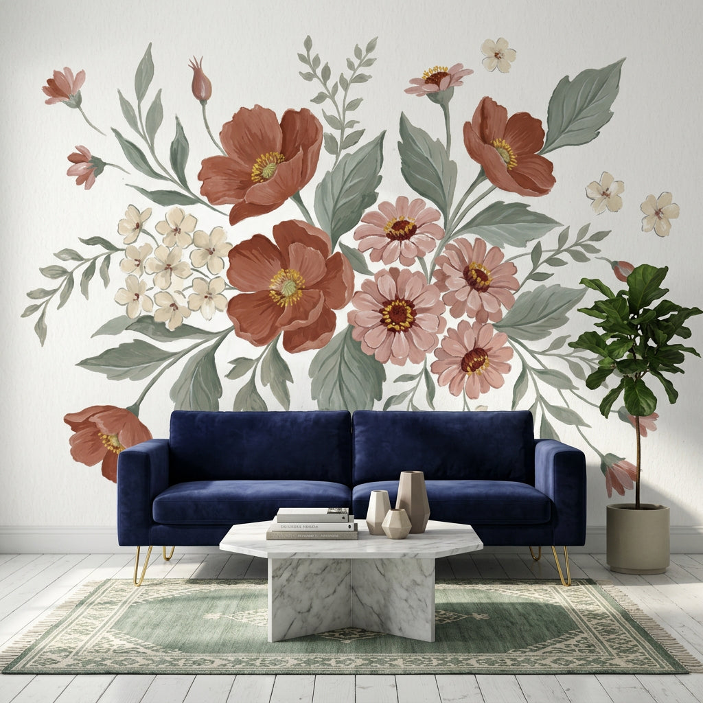 White Background Wallpaper Botanical Watercolor Removable Wall Decor