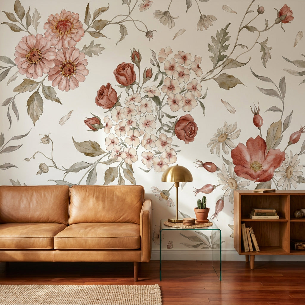 Watercolor Floral Wallpaper Botanical Illustration Cream Background Wall Mural