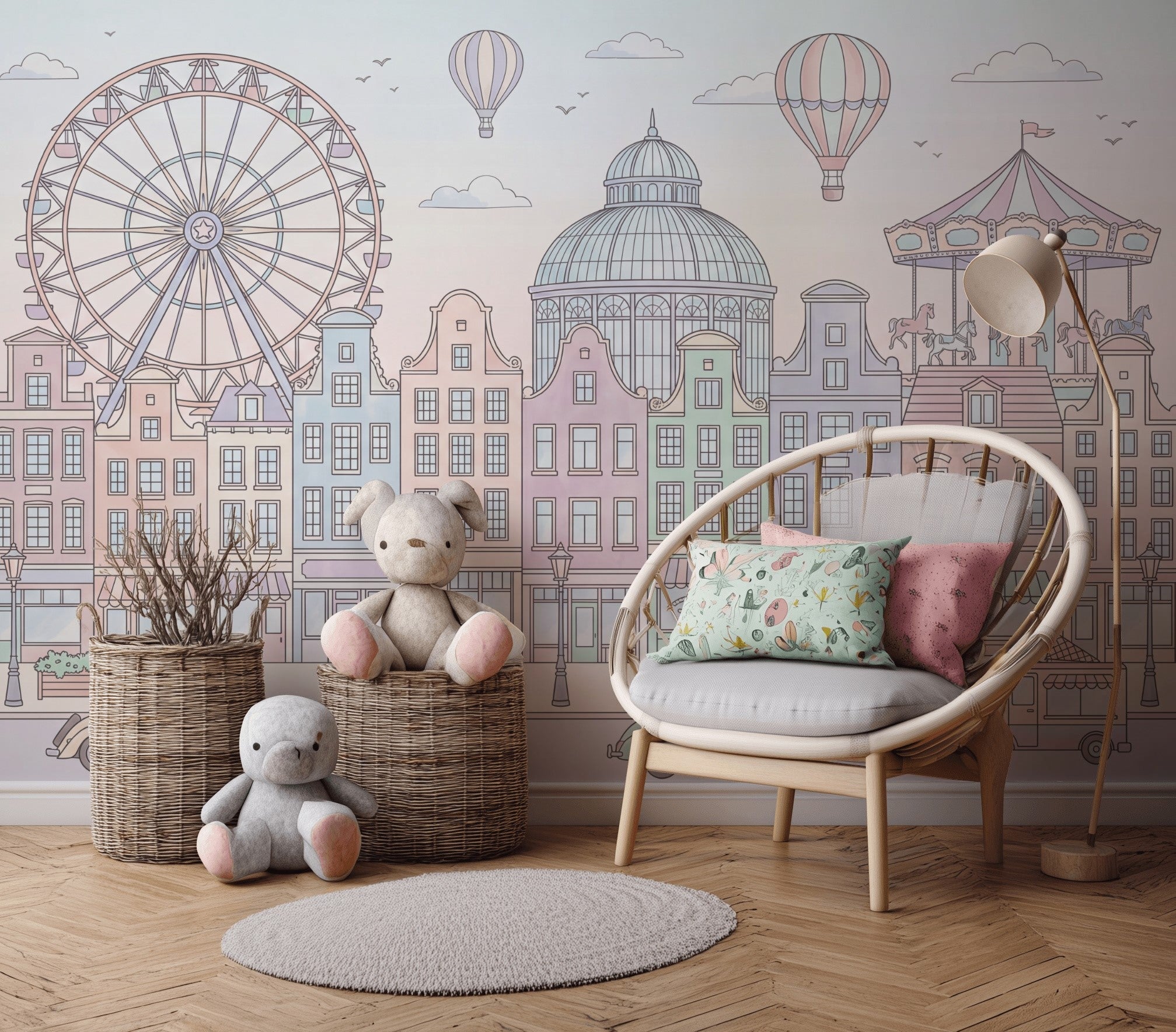 Pastel Cityscape Wallpaper European Townhouses Removable Ferris Wheel Wall Decor