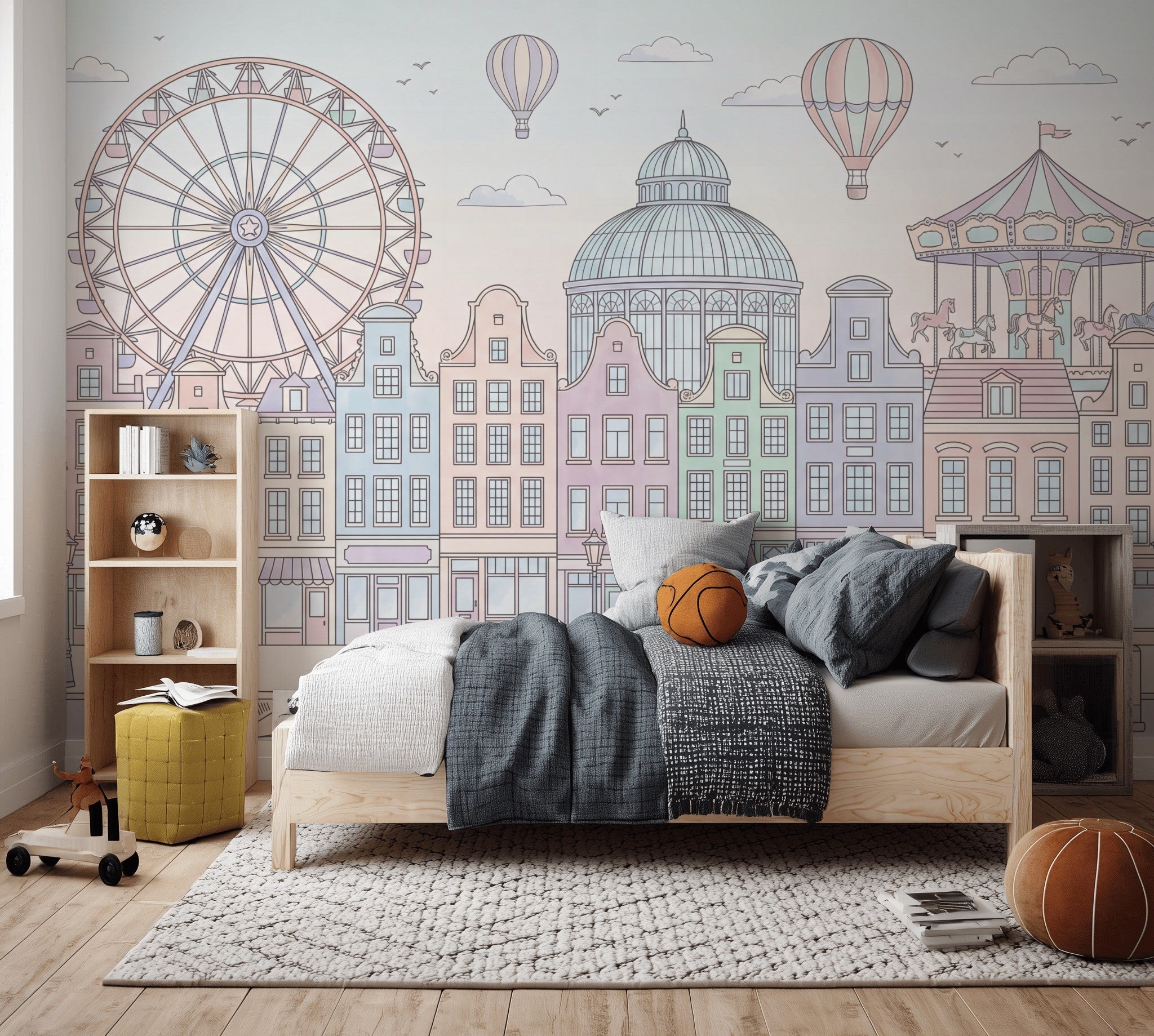 Pastel Cityscape Wallpaper European Townhouses Removable Ferris Wheel Wall Decor