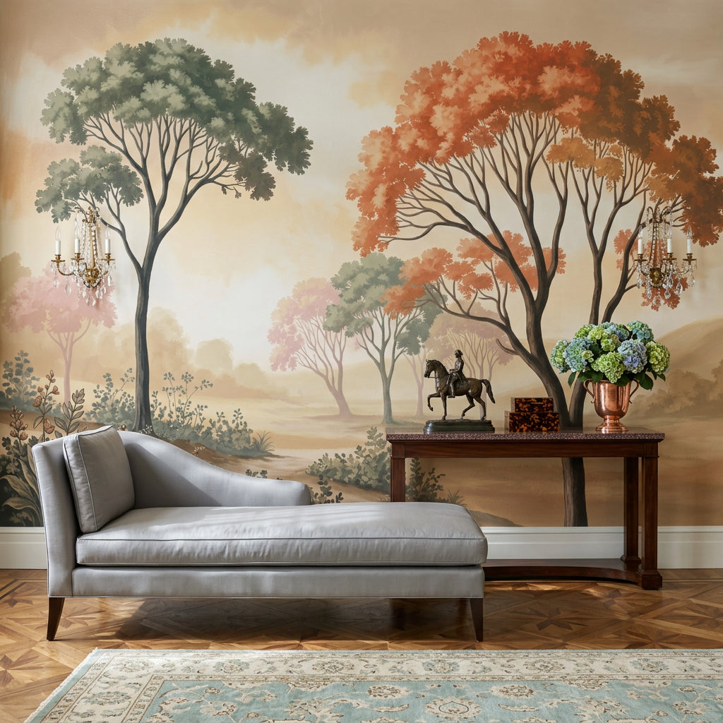 Pastoral Landscape Wallpaper Misty Countryside Tall Trees Wall Mural