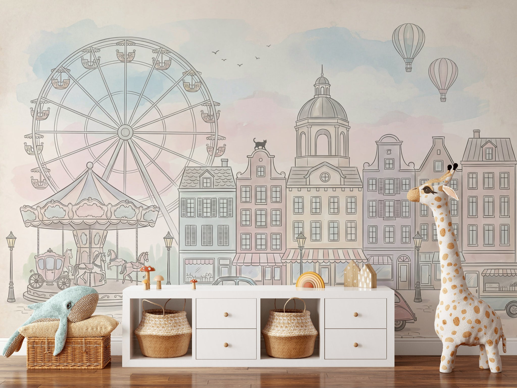 European Town Wallpaper Ferris Wheel Cityscape Removable Wall Decor