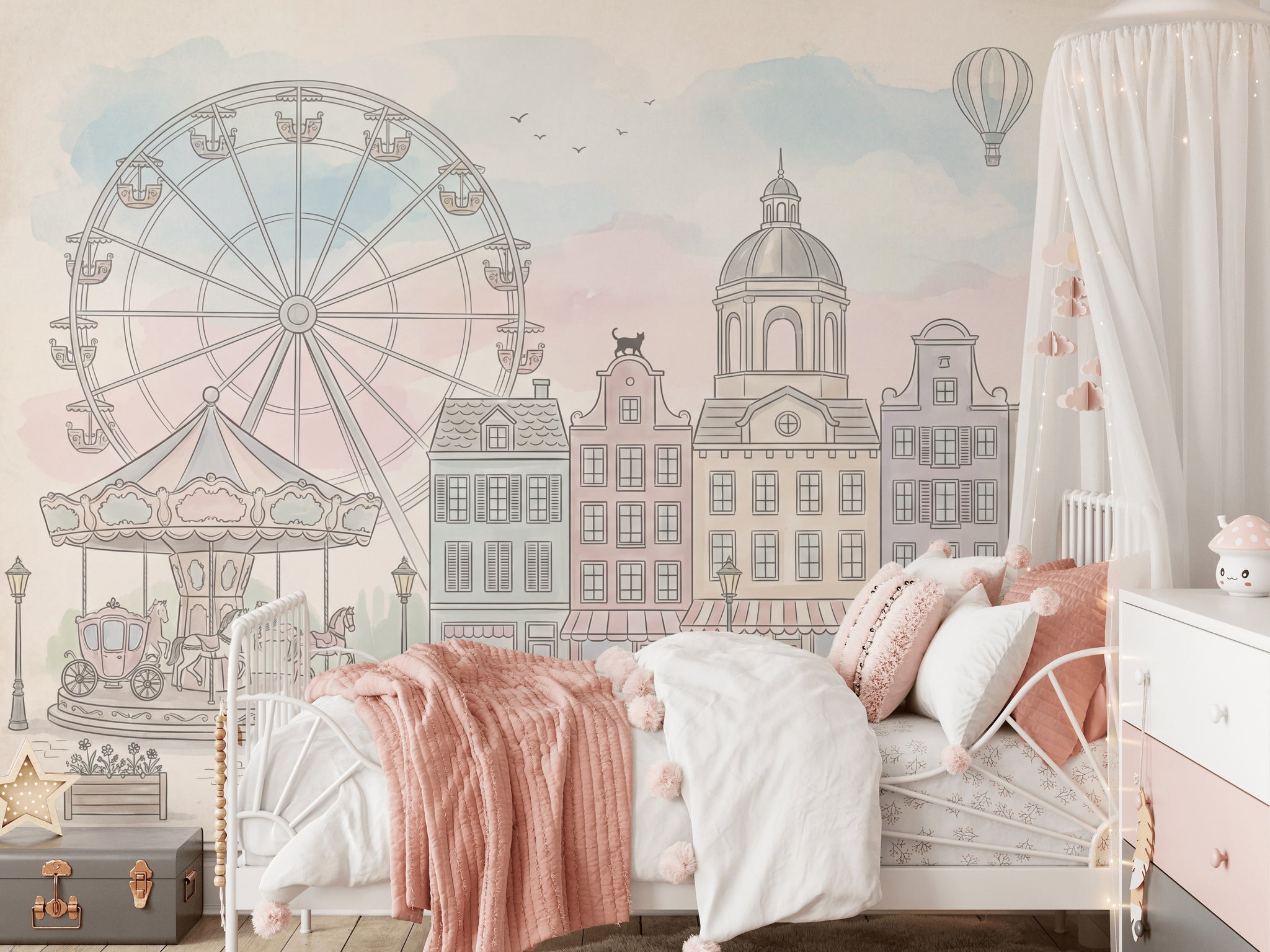 European Town Wallpaper Ferris Wheel Cityscape Removable Wall Decor