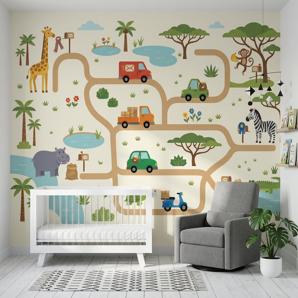 Cartoon Map Wallpaper Bright Safari Removable Wall Decor