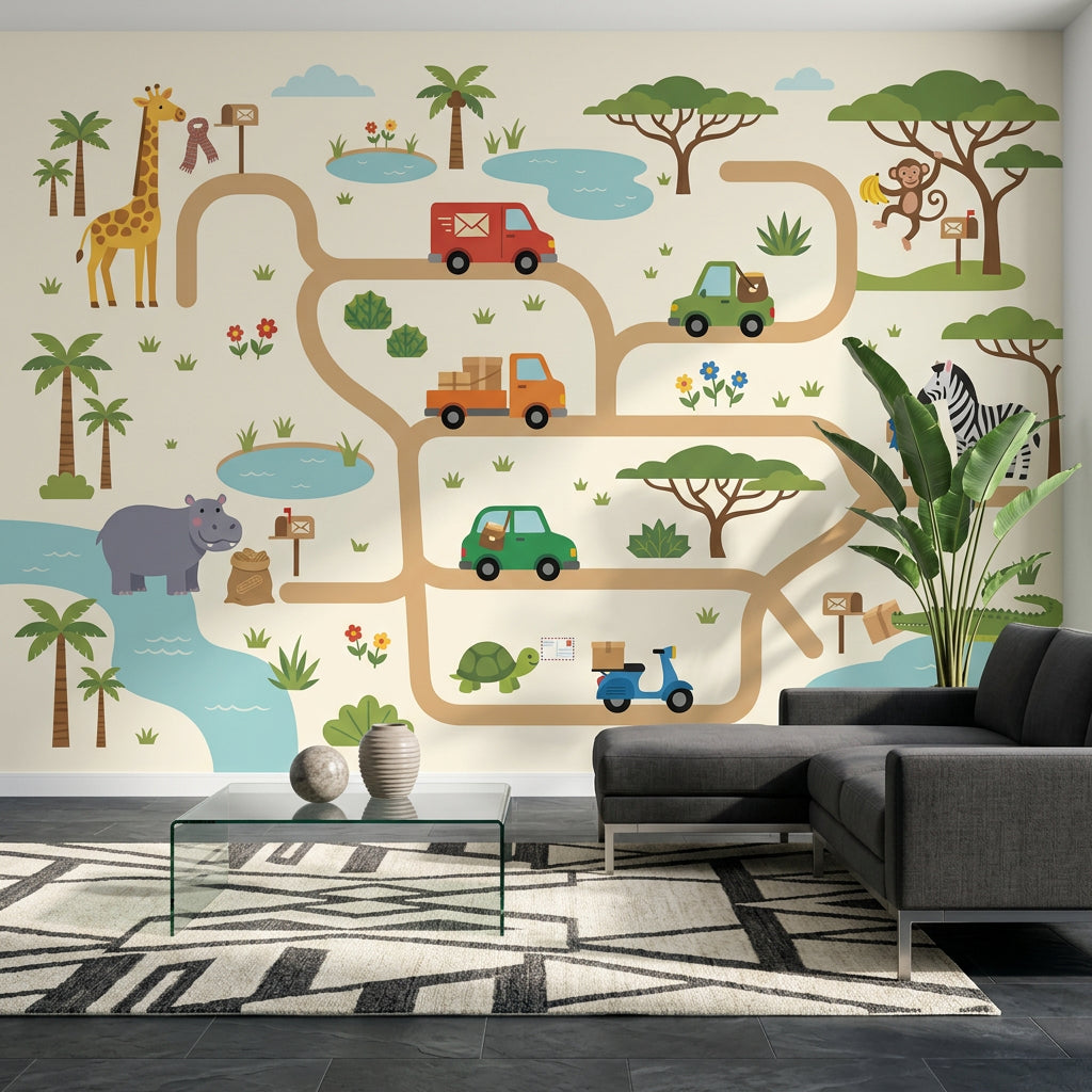 Cartoon Map Wallpaper Bright Safari Removable Wall Decor
