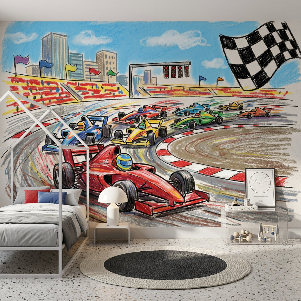 Race Track Wallpaper Formula Car City Skyline Wall Mural