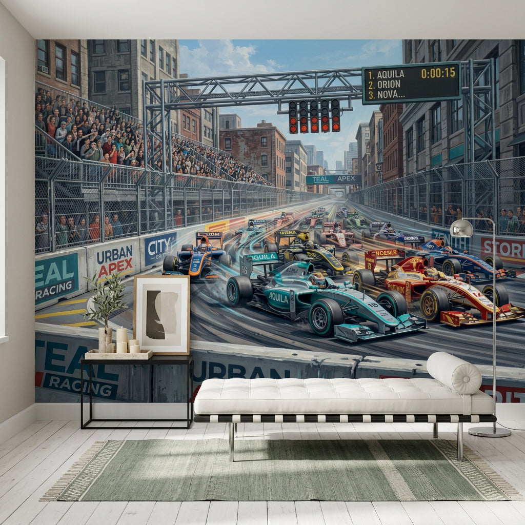 Urban Street Circuit Wallpaper Formula Race Cars Removable City Landscape Wall Decor