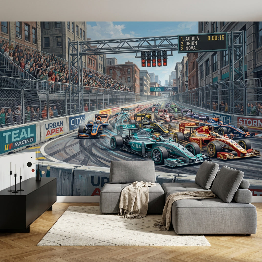 Urban Street Circuit Wallpaper Formula Race Cars Removable City Landscape Wall Decor