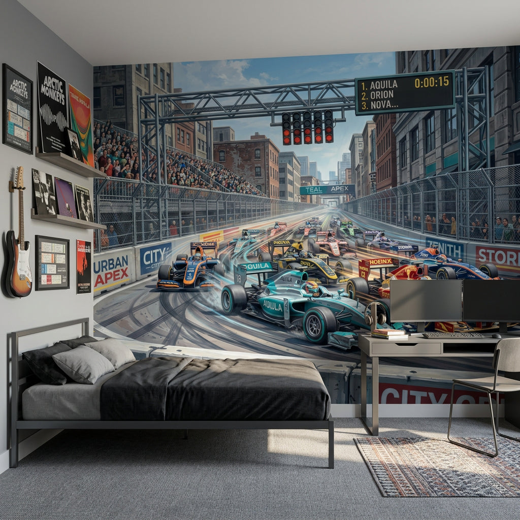 Urban Street Circuit Wallpaper Formula Race Cars Removable City Landscape Wall Decor