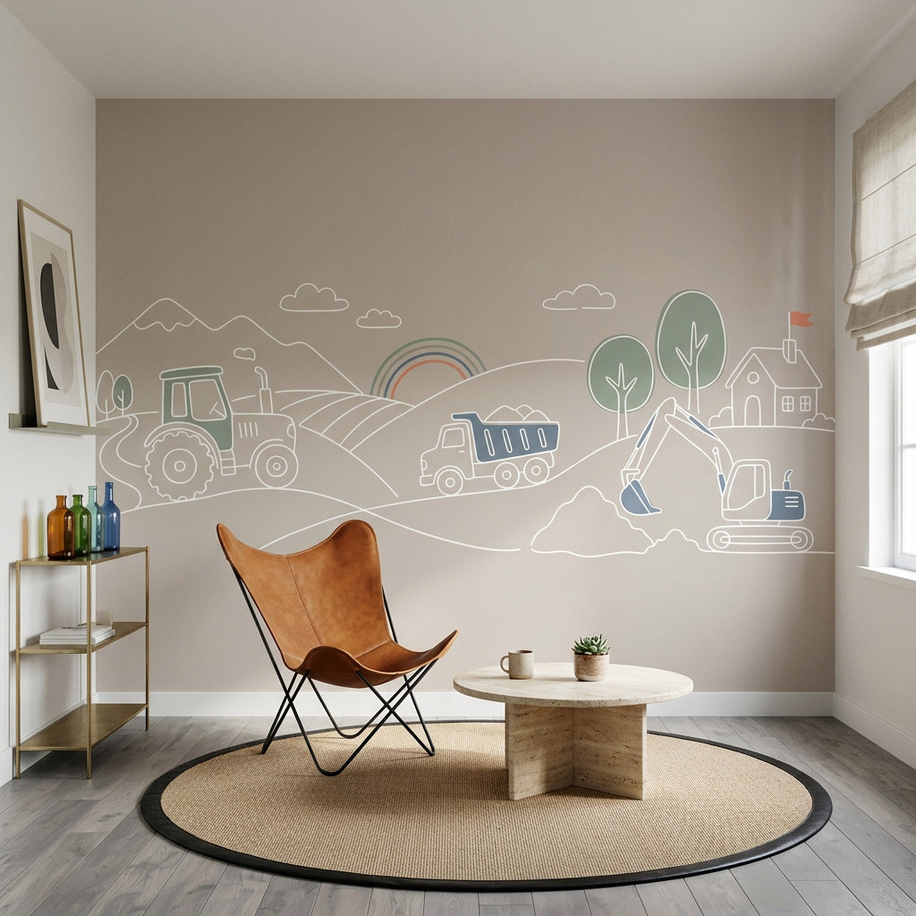 Construction Vehicles Wallpaper Tractor Removable Minimal Line Art Wall Decor