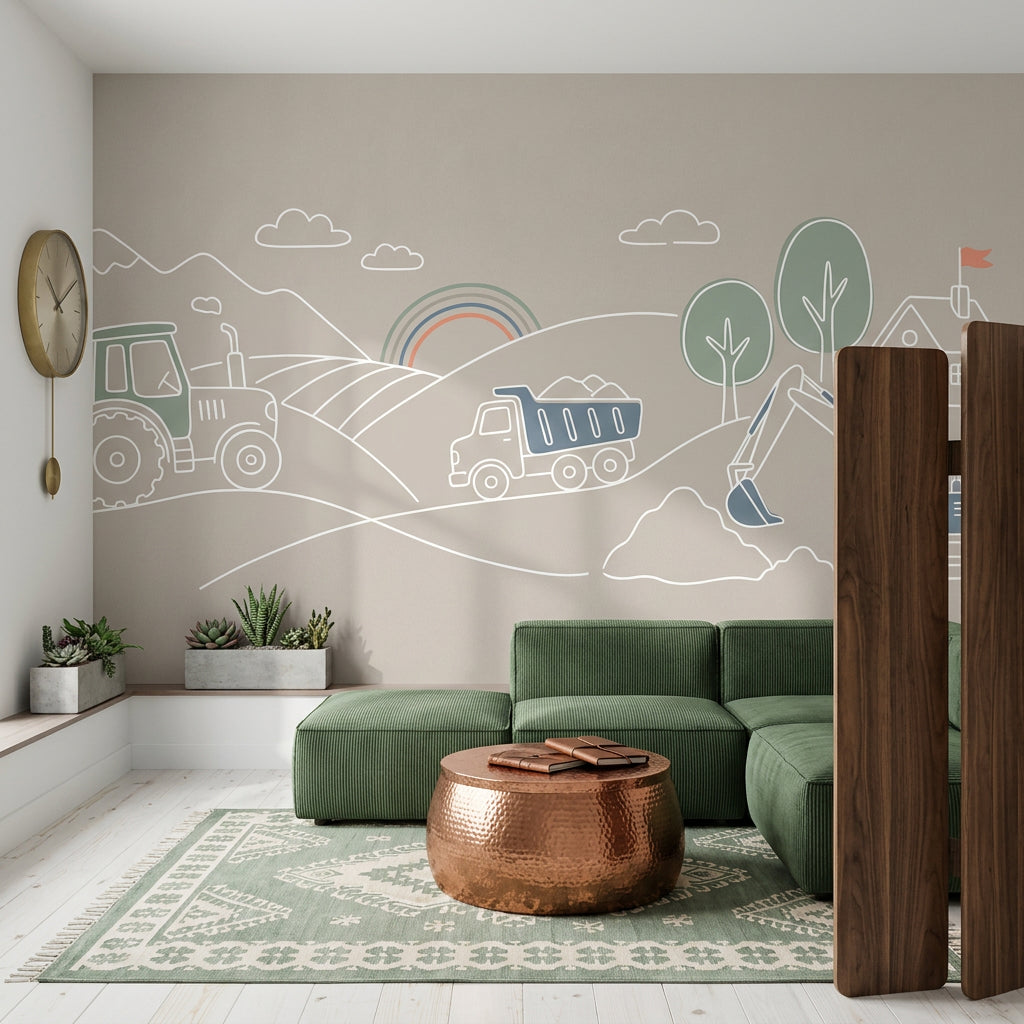 Construction Vehicles Wallpaper Tractor Removable Minimal Line Art Wall Decor