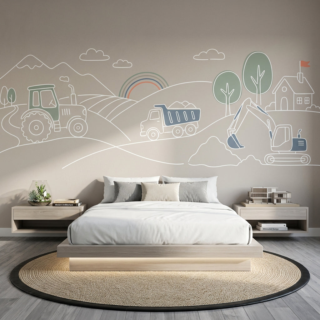 Construction Vehicles Wallpaper Tractor Removable Minimal Line Art Wall Decor