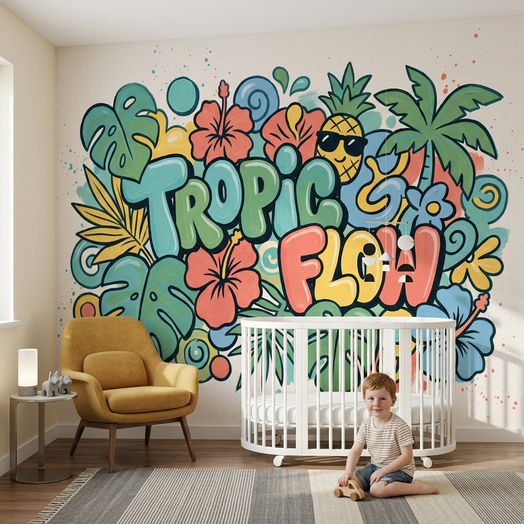Tropical Wallpaper Green Leaves Hibiscus Flowers Wall Mural